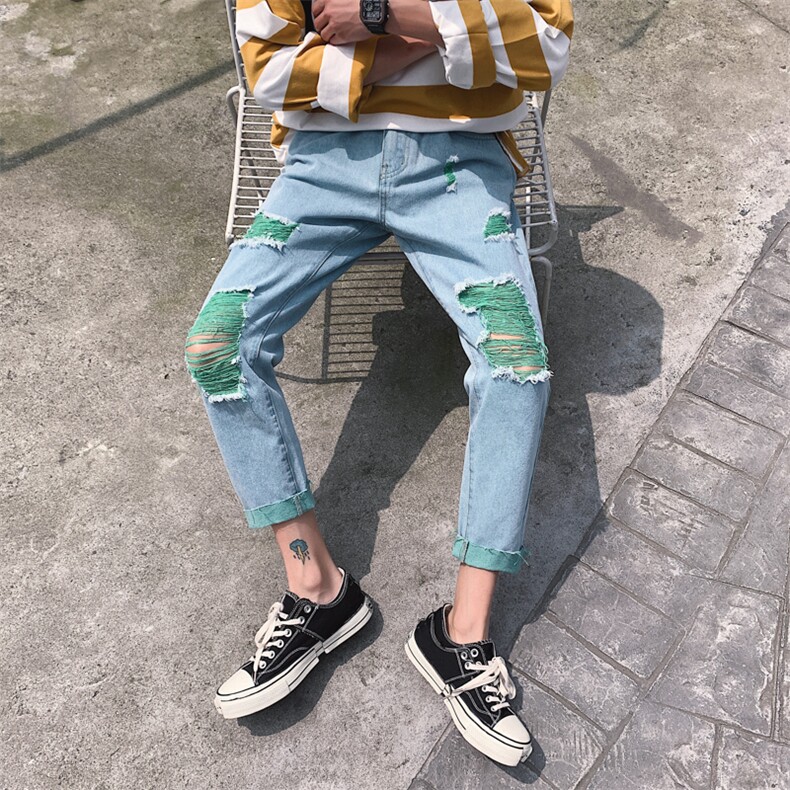 夏季绿色破洞牛仔裤男女韩版舒适休闲裤N/,男装牛仔裤,电商D202