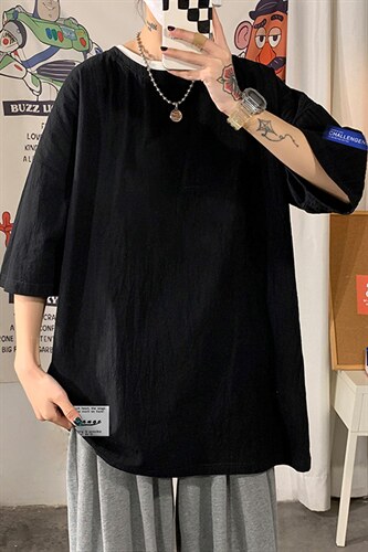 YT26062-P30 亚麻短袖t恤男大码五分袖男宽松七分袖 海报风图片
