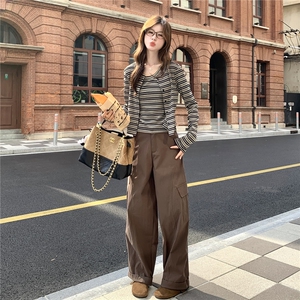设计感韩版休闲运动套装女春秋美式复古条纹开衫阔腿裤三件套潮图片