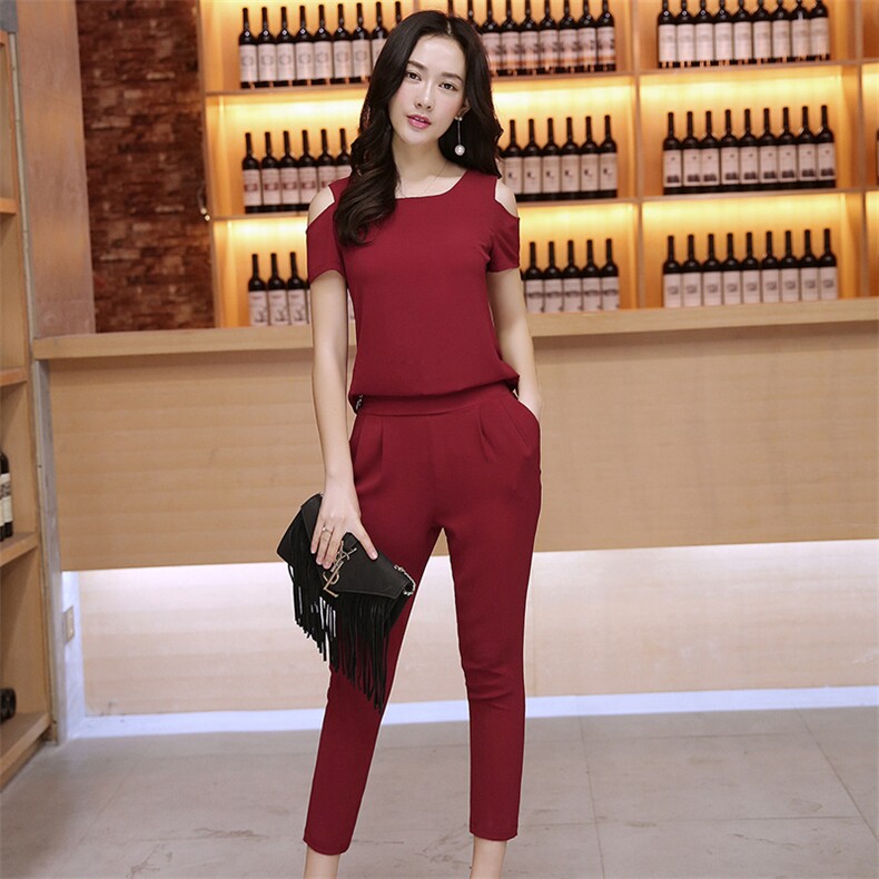 时尚显瘦露肩连体裤女夏季新款气质高腰修身九分裤套装，女装连体裤，贵人树