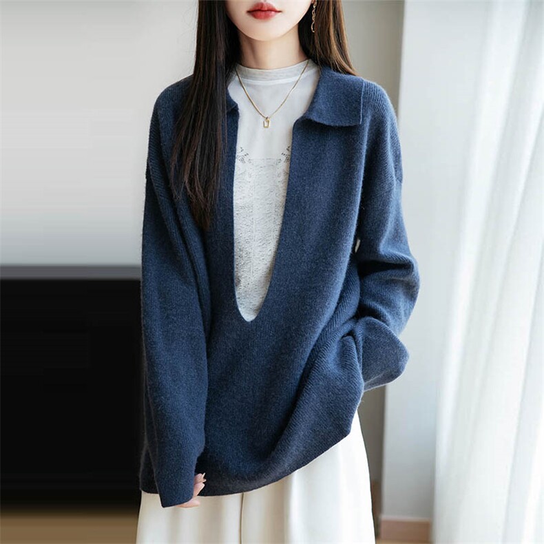 松弛感纯羊毛翻领针织衫女25新款宽松休闲保暖外套毛衣设计感上衣,女装羊毛衫,越洋羊