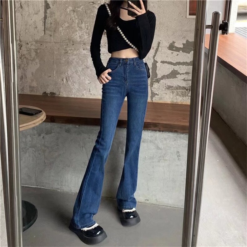 新款修身显瘦牛仔裤女古着复古显腿长微喇叭裤子，女装牛仔裤，中性港风女装