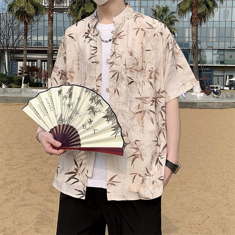 新中式夏威夷唐装花衬衫男夏季潮流风盘扣短袖衬衣7001P40图片