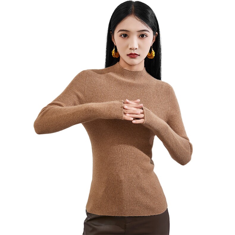 2024秋冬新款山女士抽条半高领,女装羊毛衫,润辉羊绒