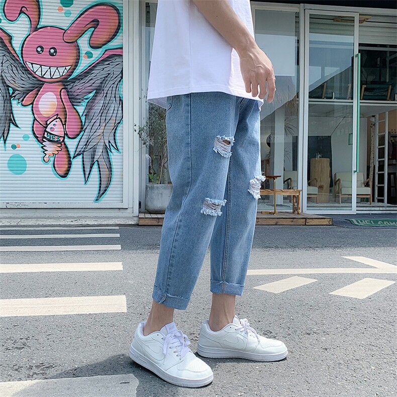 夏季九分牛仔裤男直筒宽松破洞韩版潮流休闲百搭潮牌裤子N312-P40图片