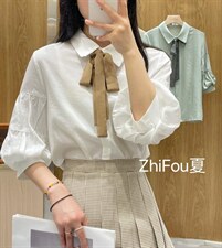 夏季新款 “奶油泡芙”浅条纹撞色飘带灯笼袖小衬衣,其它,知否