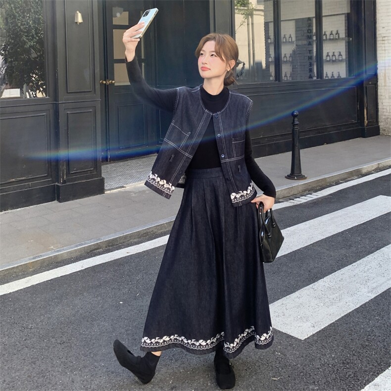 时尚气质牛仔马甲高腰半身裙两件套女2025秋季新款韩版高级感套装图片