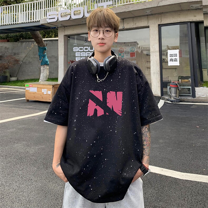 量大优供抖音视频支持得物配合二开美式满天星亮片短袖T恤MTX313,男装T恤,电商A486