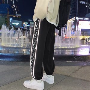 K725-P45    秋季港风大码针织豹纹运动裤男直筒夜光反光休闲裤图片