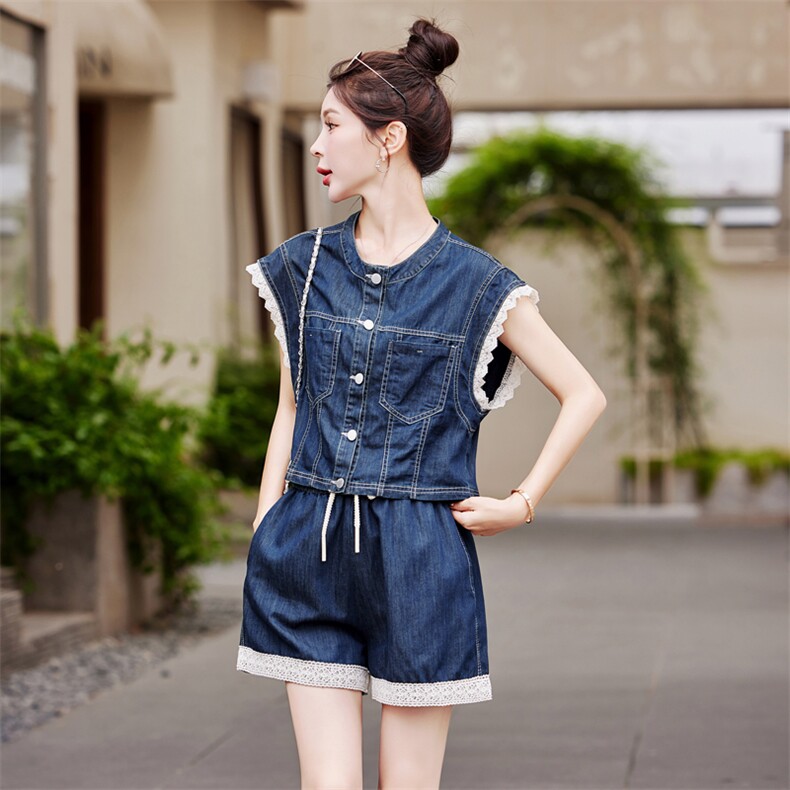 韩版牛仔短裤套装女2025夏季新款小众气质条纹吊带马甲外套三件套,女装套装/套裙,瑶迪