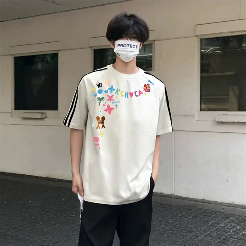 抖音得物高品质二开240克宽松纯棉美式潮牌三条杠织带短袖T恤图片