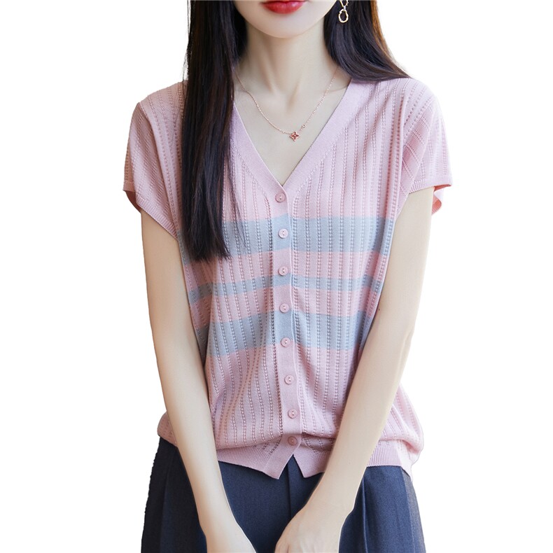 25夏季V领莱赛尔天丝针织短袖开衫女拼色镂空上衣半袖宽松打底衫,针织衫/毛衣,唐诺