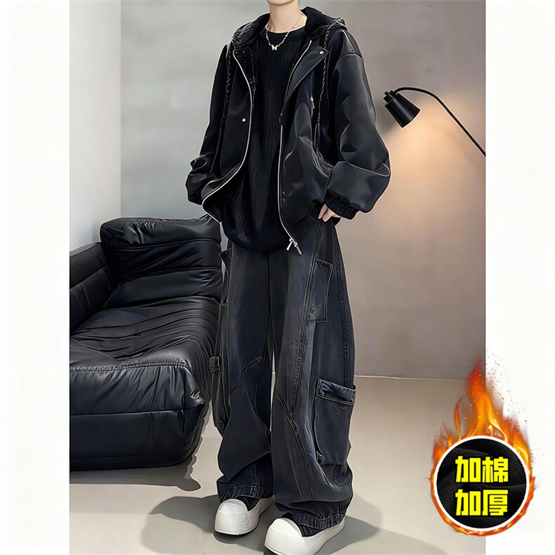 现货高品质美式高街重磅座山雕连帽pu皮棉衣男女加厚毛毛绒冬外套，男装皮衣，电商A486-1
