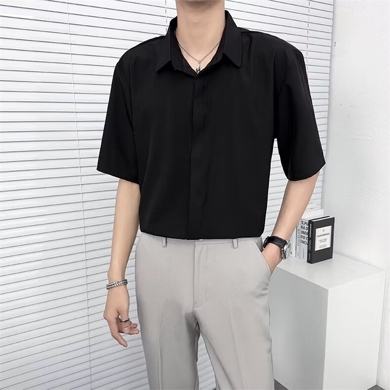 冰丝短袖衬衫男夏季高级垂感坠感暗扣休闲寸衫大码五分袖衬衣D7,男装衬衫,星座1116A-2（原606A-1）
