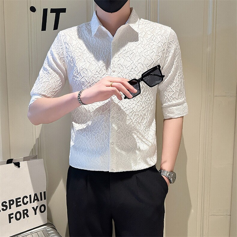 店主风社会小伙男纯色七分袖衬衫男日常衬衣301A-1/CS562/P55,男装衬衫,星座301A-1