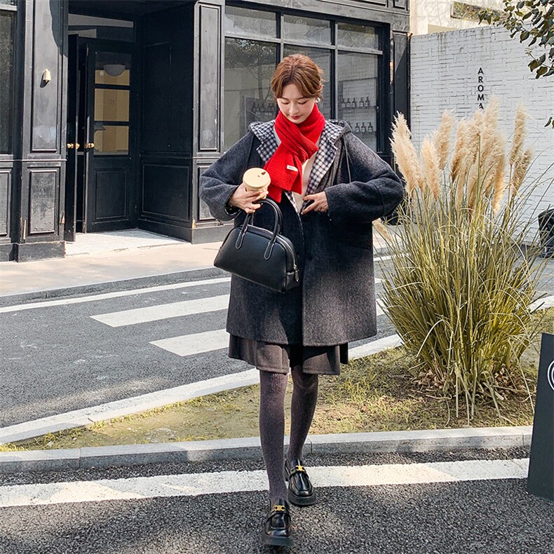 拼接格纹连帽双面呢羊毛大衣2025新款女冬超好看中长款毛呢厚外套,女装毛呢外套,1C151