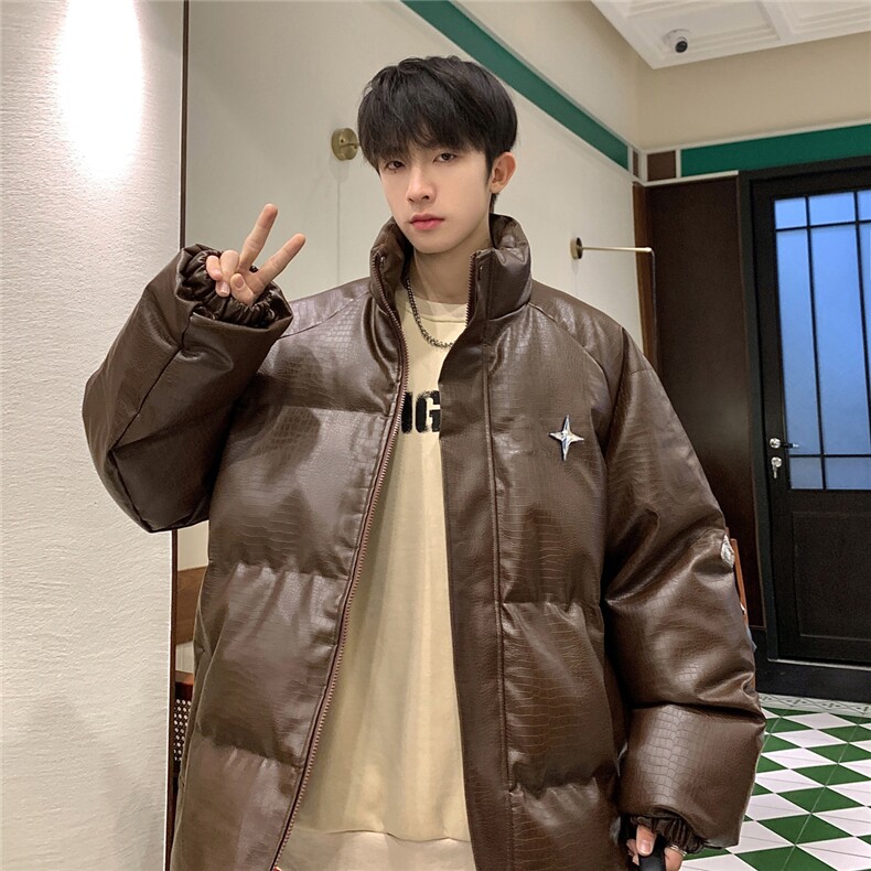 港风鳄鱼纹可拆卸四芒星胸针设计潮流休闲棉衣男MY77733P128控168图片