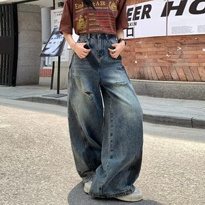 美式潮流水洗破洞休闲牛仔裤女春季设计感高腰宽松阔腿裤灯笼长裤图片