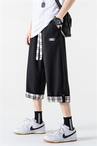 2023夏无影墙华夫格男大码休闲宽松翻边搭扣格子七分裤K23863-P35，男装休闲裤，电商A082