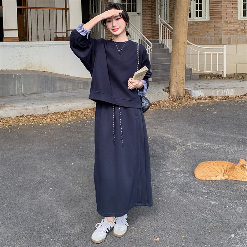 高级感贵气穿搭藏青色卫衣套装裙女早春2025新款韩系半身裙两件套,女装套装/套裙,2C212