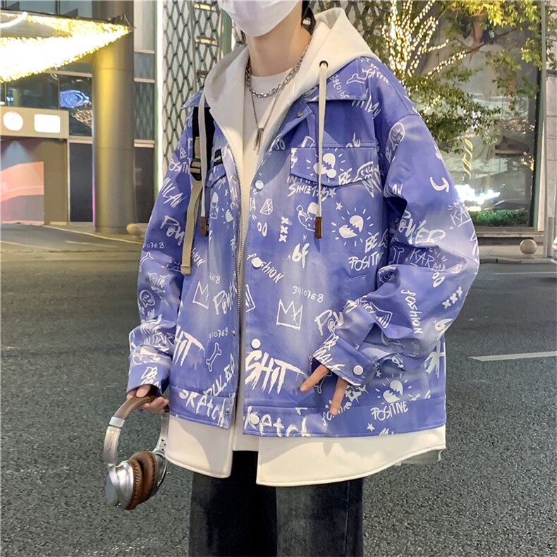 2024春秋款假两件连帽夹克潮牌印花涂鸦夹克外套A436-D1210-P73,男装夹克,电商A436