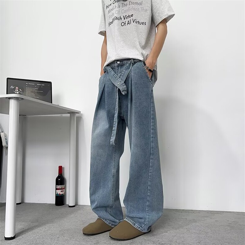 复古直筒蓝色牛仔裤男女春夏季新款韩系宽松百搭拖地阔腿裤子,男装牛仔裤,四季星座505
