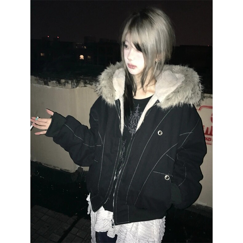 现货重磅boxy短款棉衣座山雕大毛毛领男女棉服水洗工装厚外套,男装棉衣,电商A486-1