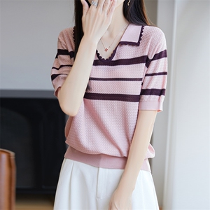 莱赛尔针织条纹短袖T恤女2025夏薄POLO领撞色宽松显瘦百搭上衣t恤图片