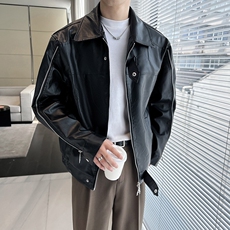 美式复古机车风PU皮衣男女垫肩双拉链无臭味皮衣夹克外套，男装皮裤，星座218-8