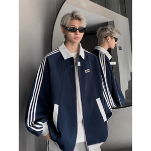 1506-1/W67981/P50藏青色三道杠条纹卫衣外套男女款立领棒球服图片