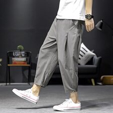 日系沙发亚麻宽松时尚潮流男士休闲裤九分小脚裤：，男装休闲裤，电商A020