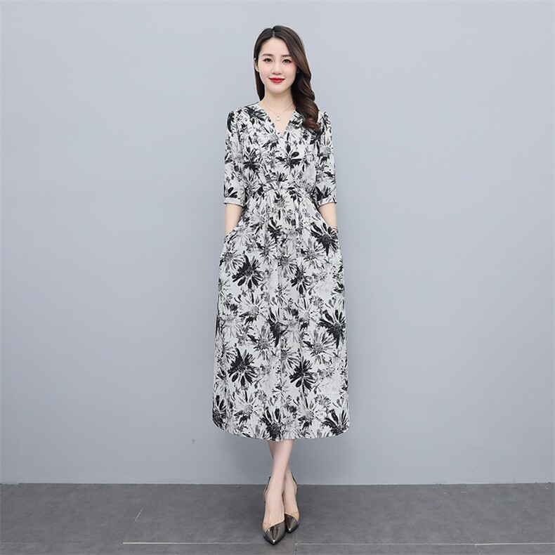 连衣裙女2022夏新款法式V领显瘦薄款雪纺长裙,女装连衣裙,雅佳俏