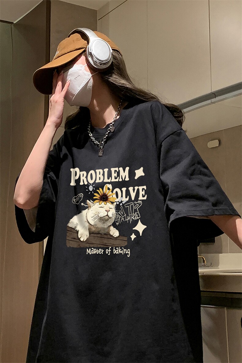 慵懒风小猫咪印花休闲宽松打底衫美式vibe纯棉短袖T恤HY574TP20,男装T恤,电商A102B