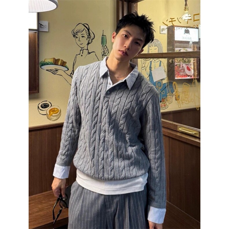 miu系老钱秋绞花条纹撞色拼接假两件长袖针织衫T恤毛衣ZZS11P75,男装针织衫/毛衣,电商D256
