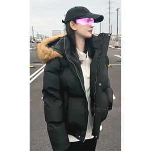 现货三防重磅硬挺boxy短款羽绒棉衣座山雕大毛毛领PU皮棉服外套冬图片