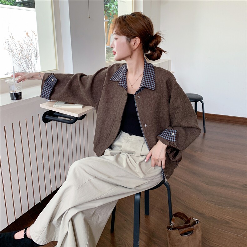 假两件拼接格纹拼接咖色毛呢外套女秋冬2025新款小个子巨好看上衣,女装短外套,2C205