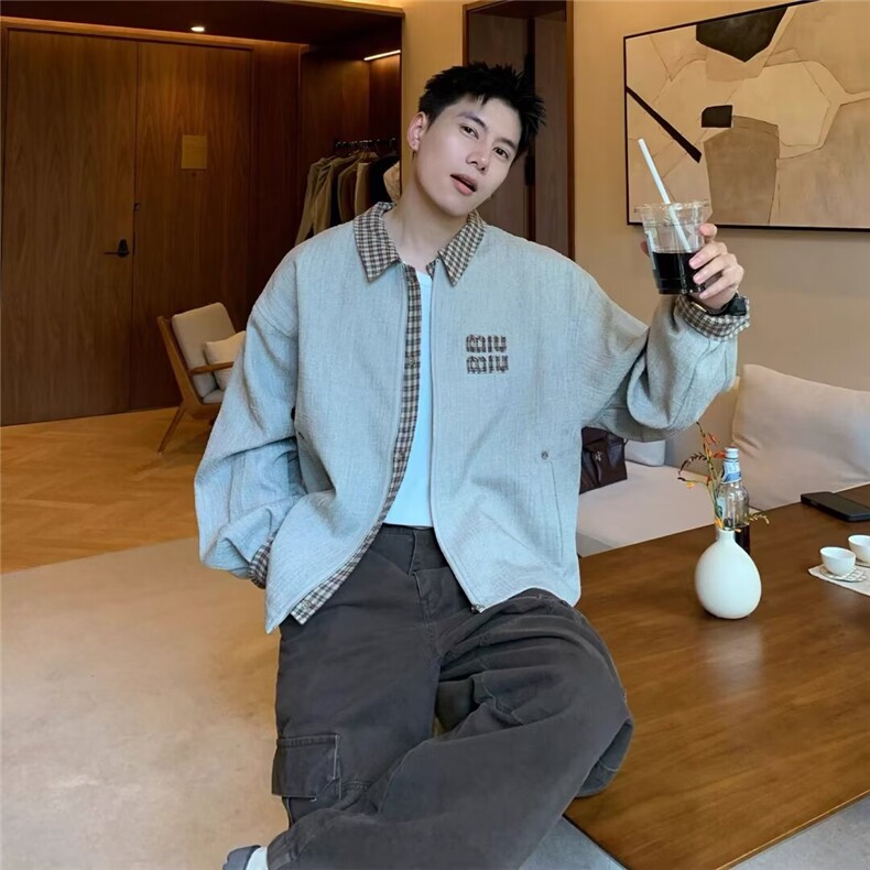 现货假两件刺绣翻领拼接夹克男JK240/P73,男装夹克,星座205-3