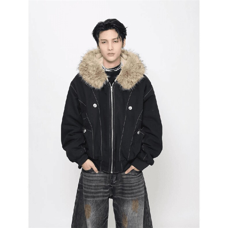 现货重磅boxy短款棉衣座山雕大毛毛领男女棉服水洗工装厚外套，男装棉衣，电商A486