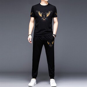 YS-X332夏季男式短袖长裤短裤三件套运动休闲套头修身T恤套装P132图片