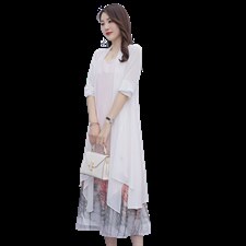 夏季新款优雅印花长款连衣裙防晒外披两件套，女装连衣裙，秀美人生