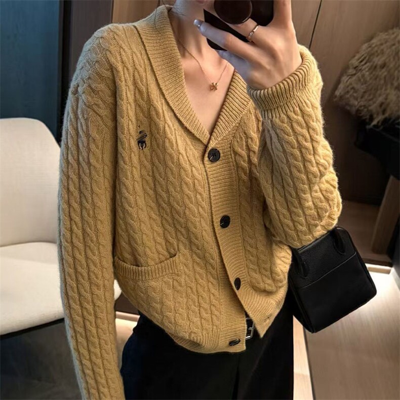 针织开衫女秋冬坑条加厚外套小个子羊毛衫,针织衫/毛衣,萱芳婷羊绒