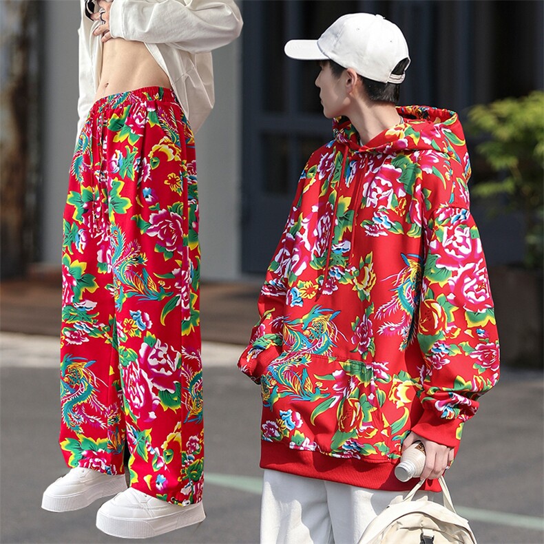 TZ205东北大花连帽卫衣裤子套装新中式汉服男女大码团队表演出潮,男装休闲套装,星座115A(原星座507）