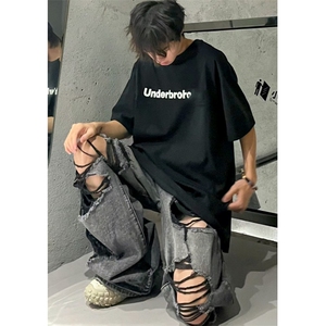 刮烂破洞做旧黑色牛仔裤夏季休闲水洗阔腿裤小众设计长裤子~K1143图片