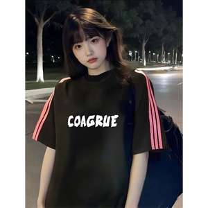 抖音得物品质二开240克宽松纯棉美式潮牌印花三条杠中性风短袖T恤图片