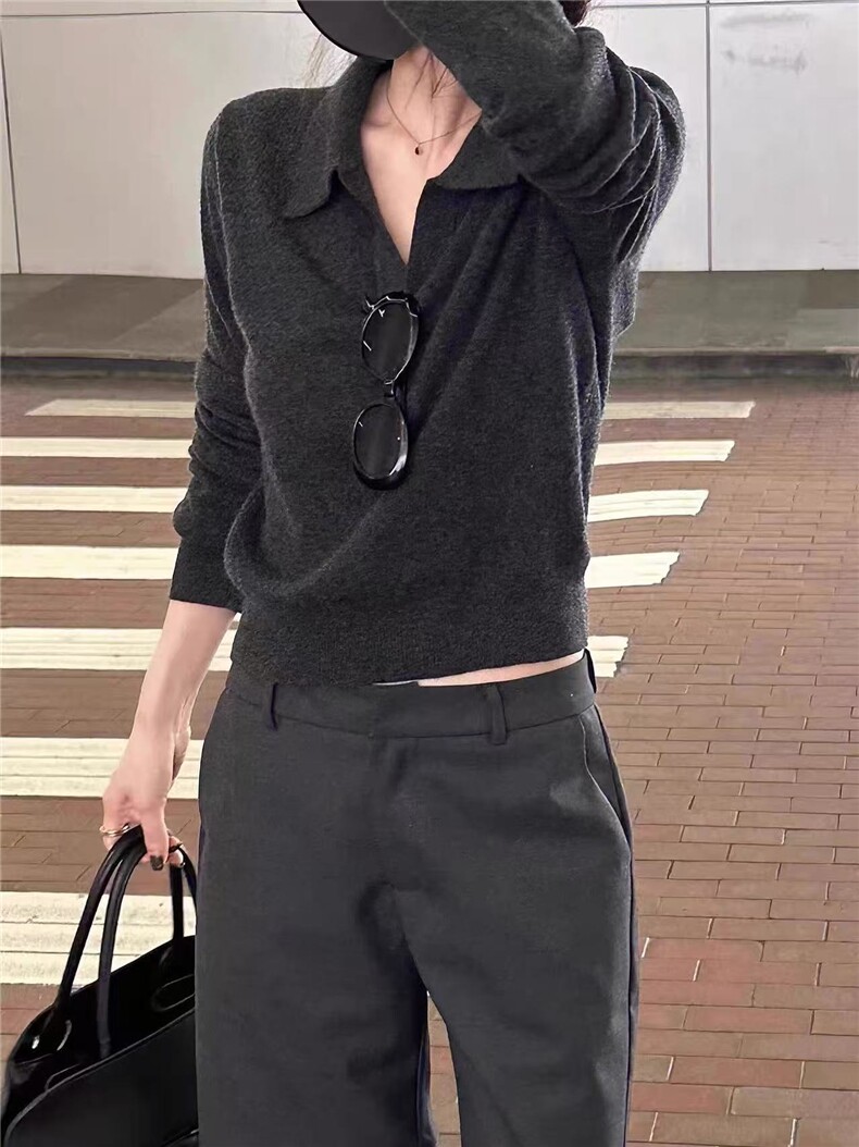 气质简约灰色短款POLO领羊绒针织衫女春秋宽松薄款翻领羊毛打底衫,针织衫/毛衣,美莎羊绒