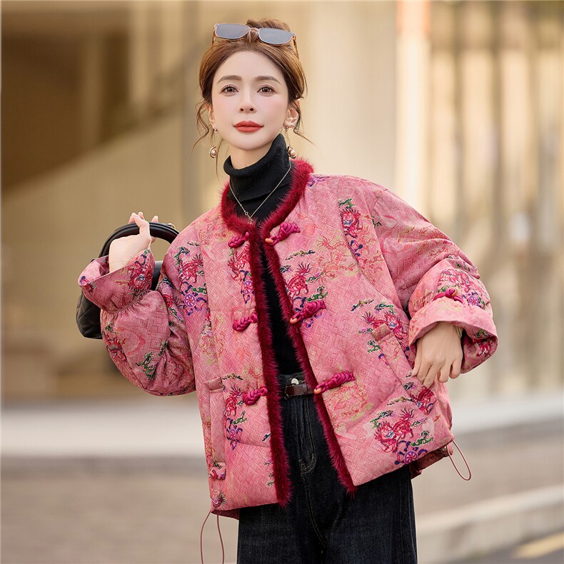《欧货bao款现货》新中式100仁丝高档提花面料90羽绒服真水貂毛,女装羽绒服,众宇琦