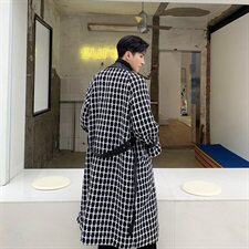 小香风黑白粗花编织呢大衣时尚拼接PU皮中长大衣A452--1971，男装毛呢大衣，电商A452