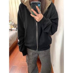 美式复古双面穿千鸟格拉链连帽卫衣外套休闲夹克上衣 JK273 特P62图片
