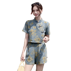 新中式风盘扣牛仔套装裙女2025年夏季新款复古印花半身裙两件套图片