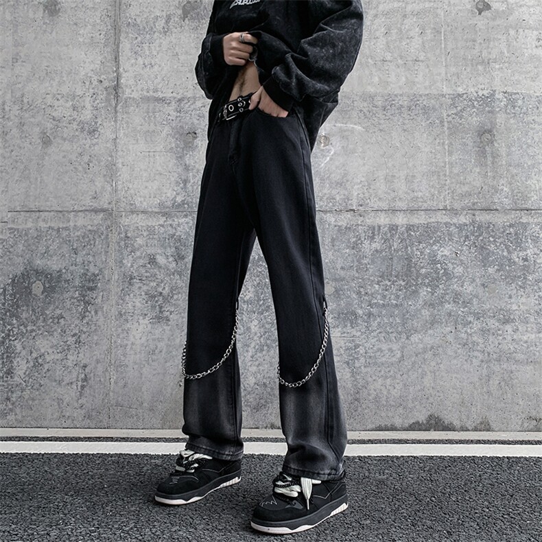 现货高街vibe黑色扎染设计感链条修身微喇牛仔裤男K880-P55控78,男装牛仔裤,星座205